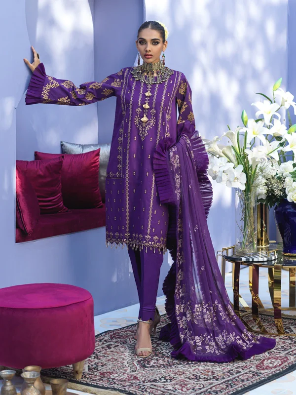 Salitex Unstitched 3 Piece - Embroidered Lawn Suit With Mukesh Chiffon Dupatta - Oznur Vol.2 (WK-00995AUT) - Image 2