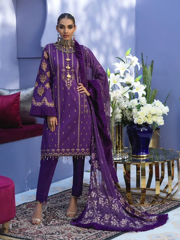 Salitex Unstitched 3 Piece - Embroidered Lawn Suit With Mukesh Chiffon Dupatta - Oznur Vol.2 (WK-00995AUT)