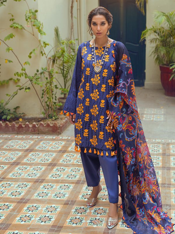 Salitex 3pc Unstitched - Embroidered Lawn Suit With Taparia Net Dupatta (WK-01062AUT)