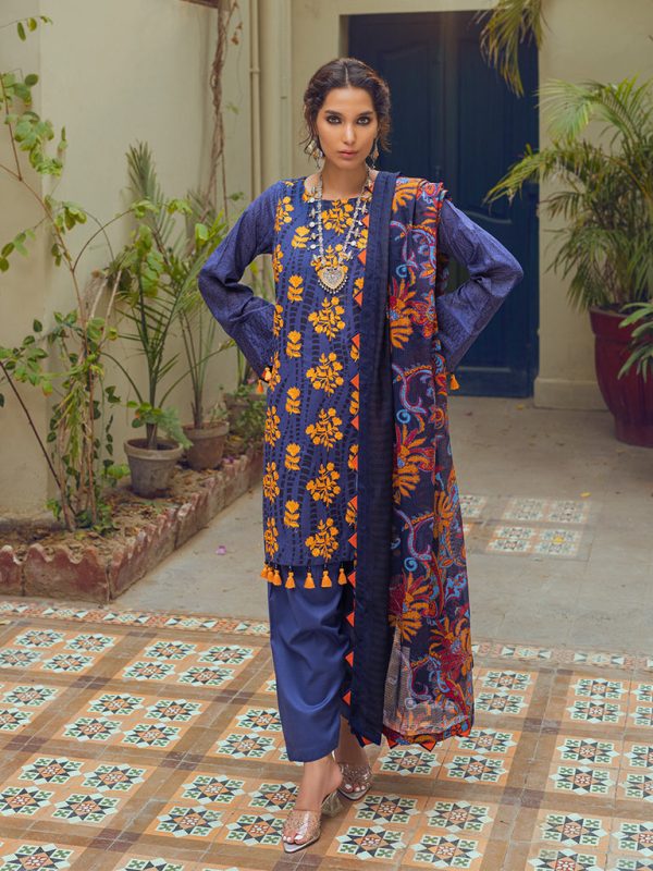 Salitex 3pc Unstitched - Embroidered Lawn Suit With Taparia Net Dupatta (WK-01062AUT) - Image 2