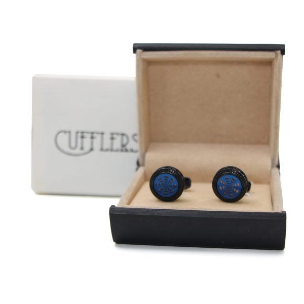 Cufflers Novelty Cufflinks with Free Gift Box - Stylish Black and Blue Round Design - CU-2012 - Image 4