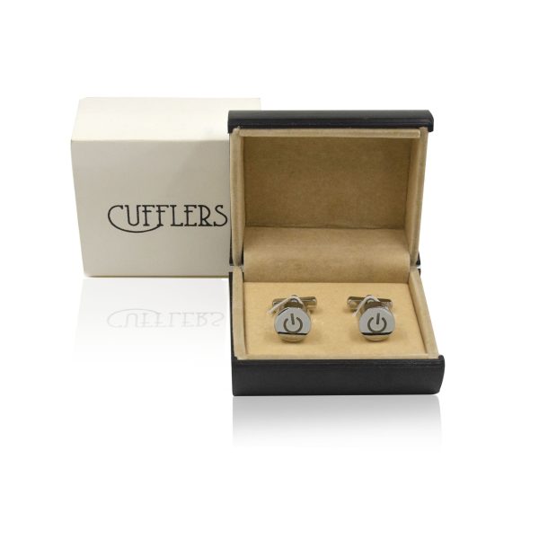 Cufflers Designer Cufflinks with Free Gift Box - White Circle Power Button Design - CU-4003 - Image 4