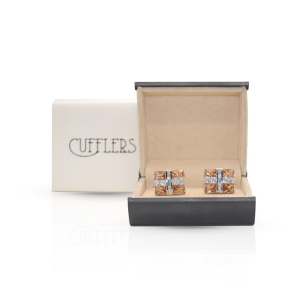 Cufflers Designer Cufflinks with Free Gift Box Silver and Yellow Crystal - CU-4025-A - Image 4