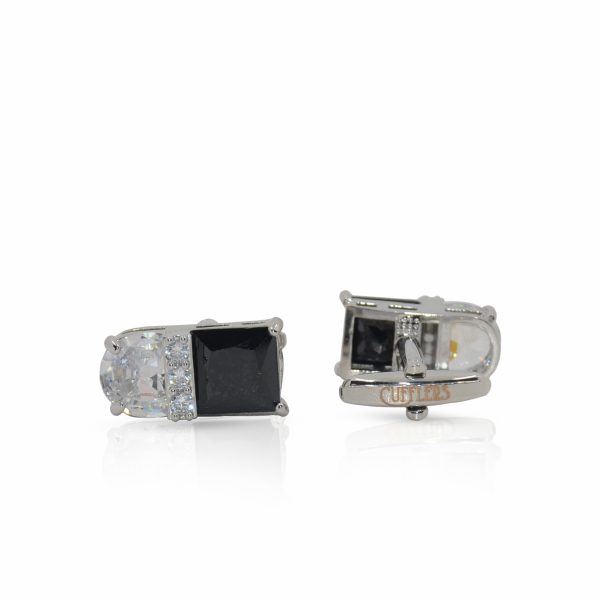 Cufflers Designer Cufflinks CU-4027-D | Silver & Black Rectangle with Crystal | Free Gift Box - Image 2