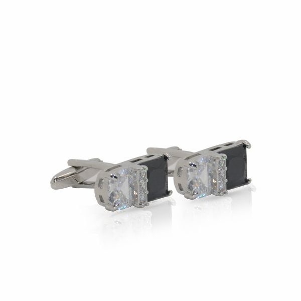 Cufflers Designer Cufflinks CU-4027-D | Silver & Black Rectangle with Crystal | Free Gift Box - Image 3