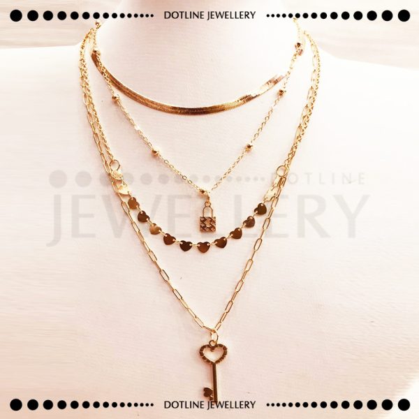 Dotline Jewellery Stylish Golden Chain, Lock Key Pendant Necklace, Multilayer Chain Locket JCL01 - Image 2