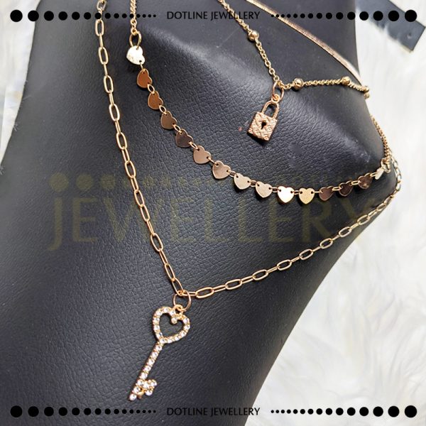 Dotline Jewellery Stylish Golden Chain, Lock Key Pendant Necklace, Multilayer Chain Locket JCL01 - Image 3