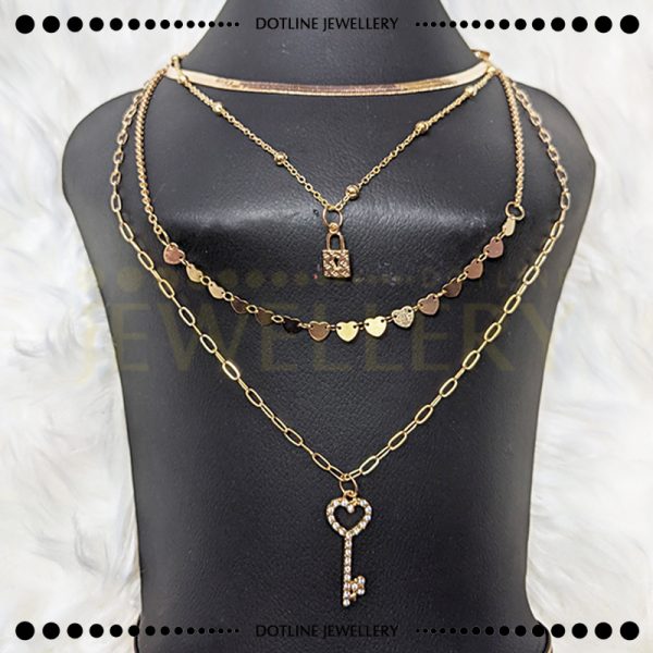 Dotline Jewellery Stylish Golden Chain, Lock Key Pendant Necklace, Multilayer Chain Locket JCL01